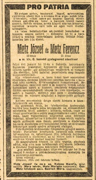 Metz testvérek gyászjelentése Az Ujság 1916. február 6-ai számában