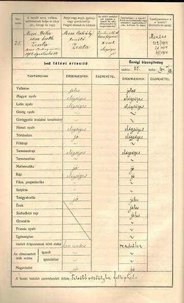 Mezei Győző Béla ún. „névlapja” a zentai gimnázium 1913/14-es tanévre vonatkozó anyakönyvében