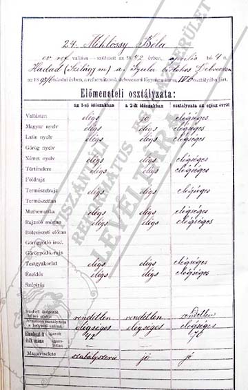 Miklóssy Béla IV. osztályos anyakönyvének egy lapja