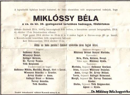 Miklóssy Béla gyászértesítője