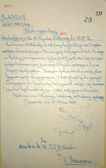 Miklóssy Sándor kézzel írt német nyelvű kitüntetési javaslata 1914. október 24. Jawora