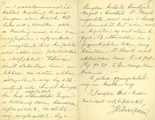 Bajtársának, Seidner Jánosnak a levele, amelyben Sándor hősi haláláról értesíti Miklóssy Gyulát