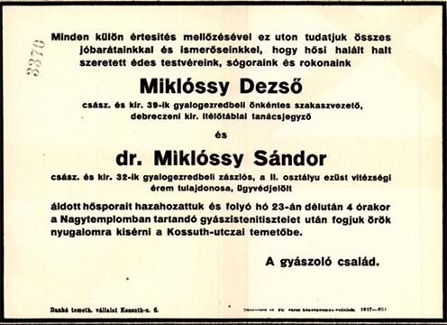 Értesítés Miklóssy Dezső és Miklóssy Sándor hamvainak hazahozataláról