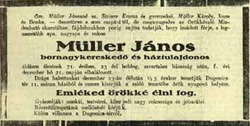 Müller János gyászjelentése a Délmagyarország 1934. december 22-ei számából