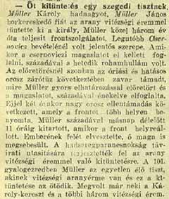 A Délmagyarország 1917. november 21-ei tudósítása Müller Károly kitüntetéseiről