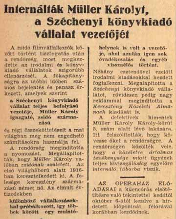 Müller Károly internálásáról a Hétfő című lap 1942. október 5-ei tudósítása
