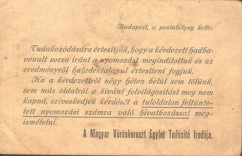 A Magyar Vöröskereszt Egylet Tudósító Irodájának 1915. augusztusi tájékoztatója Novák Istvánné számára