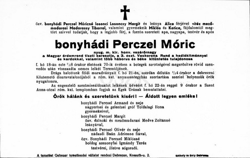 Perczel Móric tábornok gyászjelentése