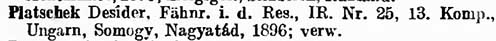 (Platschek Dezső, t. zászlós, cs. és kir. 25. gyalogezred, 13. század, Magyarország, Somogy, Nagyatád, 1896; megsebesült.)