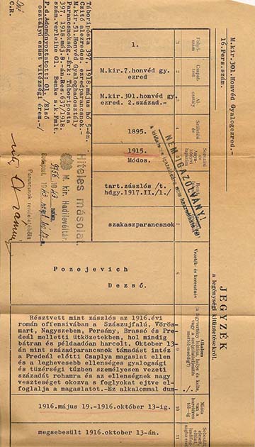 Jegyzék Pozojevich Dezső legénységi kitüntetéseiről
