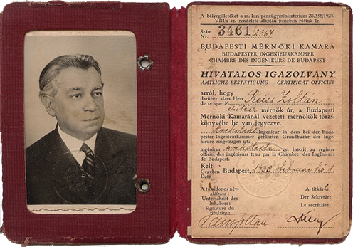 A budapesti Mérnöki Kamara hivatalos igazolványa, 1938. február 1. (KF)