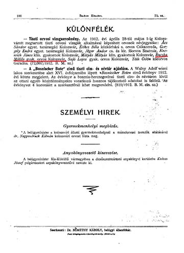 A tiszti orvosi vizsga eredménye az 1912-es Belügyi Közlönyben