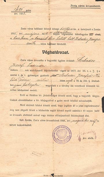 Zenta város árvaszékének 1915. augusztus 27-ei keltezésű véghatározata Szabados József hadiárva ügyében