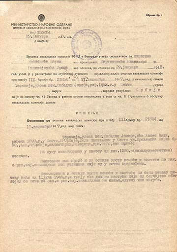 A Jugoszláv Föderatív Népköztársaság Legfelsőbb Rokkantügyi Bizottságának 1948-as döntése özv. Szabados Józsefné hadigondozási ügyében