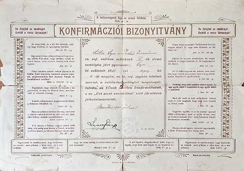 Szöllősi Lajos 1905-ös konfirmációs bizonyítványa