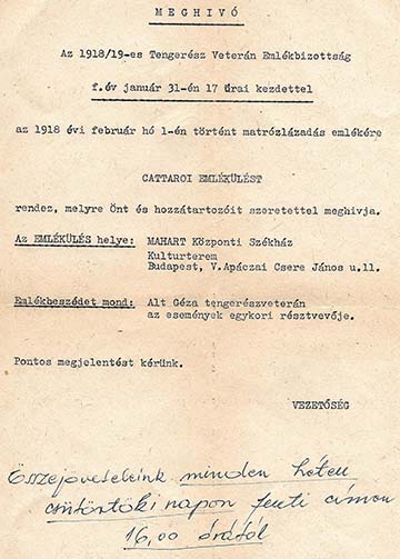 Meghívó az 1918/19-es Tengerész Veterán Emlékbizottság catarrói emlékülésére