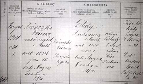 Závodszki Ferenc és Székely Julianna házasságkötésének bejegyzése a szegedi polgári anyakönyvben
