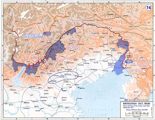 Az olasz front 1915-1917 között, jelölve Görz (Gorizia) és Bozen (Bolzano)