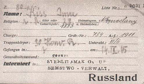 Hadifogoly-karton a bécsi levéltárból, mely szerint Kiss Imre 1915. szeptember 14-én esett fogságba