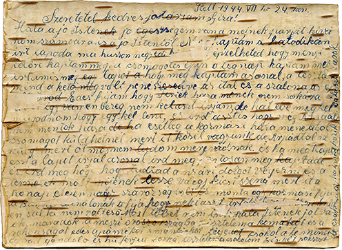 Nyírfakéregre írt levél Oroszországból Csíkmenaságra, 1944. július 24.