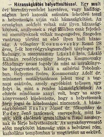 A Szegedi Napló 1917-es híradása Koszmovszky Rezső és László Irén helyettesítéses házasságkötéséről