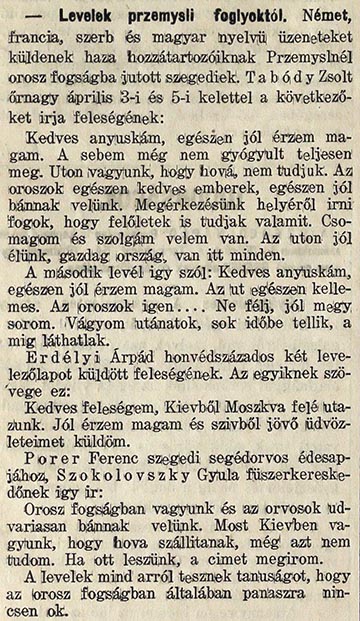 Tabódy Zsolt őrnagy jelentkezéséről a Szegedi Napló írása 1915 áprilisában