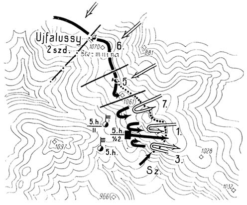 Az 1917. augusztus 11-kei összecsapás vázlata. A helyzet 16.45-kor