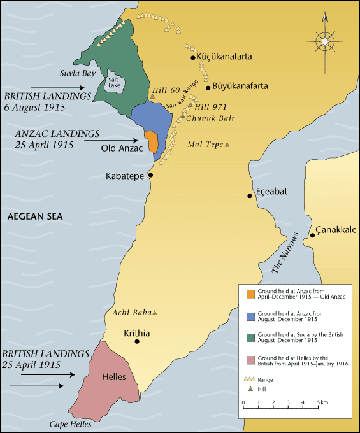 1915 áprilisa és 1916 januárja között a brit és az ANZAC erők által elfoglalt területek a Gallipoli-félszigeten