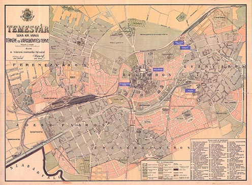 Temesvár térképe 1913-ból, rajta a visszaemlékezésben említett helyszínek