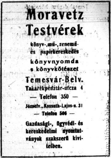 A Moravetz testvérek könyv- és papírkereskedésének reklámhirdetése a Délmagyarországi Közlönyből, 1918
