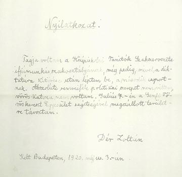 Dér Zoltán nyilatkozata 1920-ból
