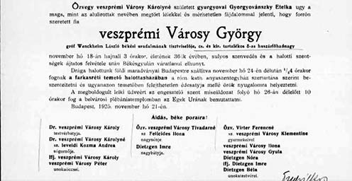Városy György gyászjelentése 1925-ből