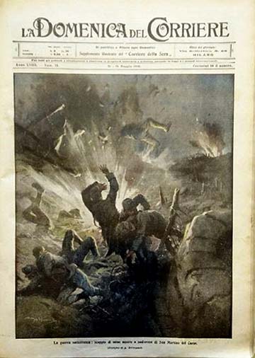 Levegőbe repülő katonák a Domenica del Corriere 1916. május 21-ei számának címlapján