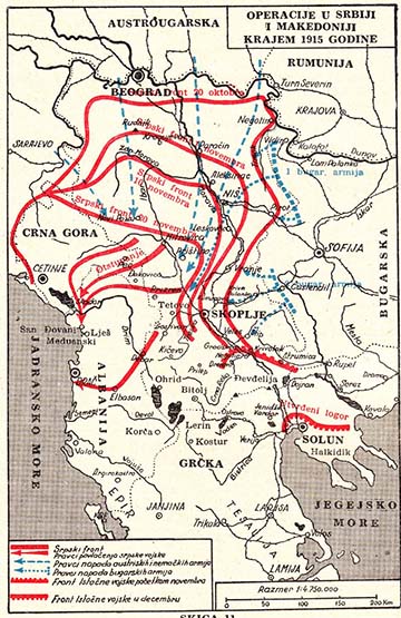 Térkép a szerb front változásáról 1915 őszén