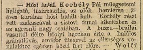 Korbély Pál halálhíre a Magyarország 1917 január 11-i számából: eszerint a román harctéren esett el