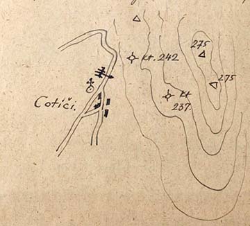 Térképvázlat: Cotiči és a Monte San Michele magaslati pontjai