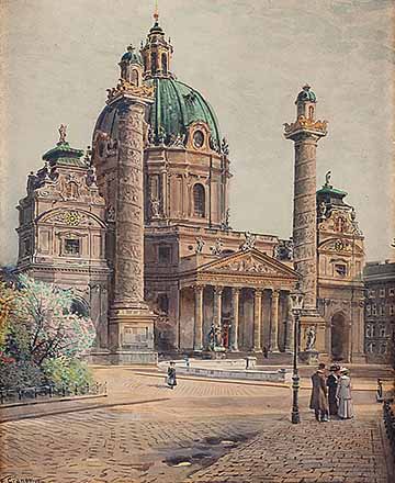 A Karlskirche 1917-ben: Ernst Graner (1965–1943) osztrák festő akvarellje