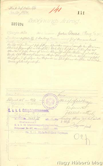 Imre Gábor kitüntetési javaslata az említett 1915. augusztus 3-ai helytállásáért, amiért az Ezüst Vitézségi Érmet kapta