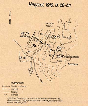 A kecskeméti 38/III. zászlóalj állásai Kirlibabánál, amit Imre Gábor újvidéki 6/I. zászlóalja 1916. szeptember 28-án átvett