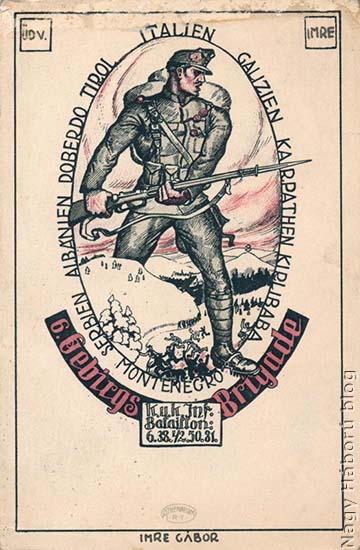 A cs. és kir. 6. hegyi dandár Imre Gábor által tervezett levelezőlapjának egy olyan példánya, amelyet 1917-ben ő maga adott fel