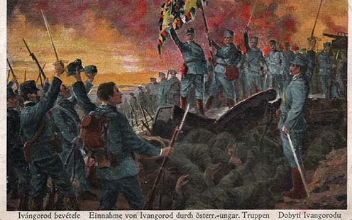Iwangorod bevételét ábrázoló képeslap. Az ellenség 1915. augusztus 8-án ürítette ki a várost, amelynek elfoglalásában a 2. közös gyalogezred is részt vett. Jakab ekkor még kiképzés alatt állt a prágai kaszárnyában