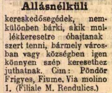 Pöndör Frigyes által feladott újsághirdetés a Független Magyarország 1905. július 3-i számában
