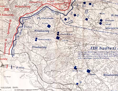 Harctéri helyzet a Doberdó- és a Komeni-fennsík déli részén 1916. november 13-án a 9. isonzói csata után