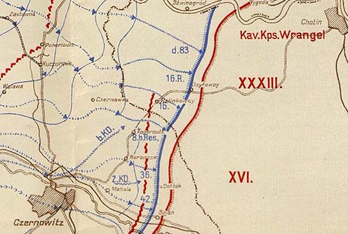 A naplóban említett terület térképvázlata. Kalinkowcy térségében a 16-os szám a naplóíró alakulatát, a 16. hadosztályt jelöli. Részlet a szövetségesek Kelet–Galíciában és Bukovinában 1917. július 21. és augusztus 8. közötti végrehajtott offenzíváját bemutató térképvázlatból