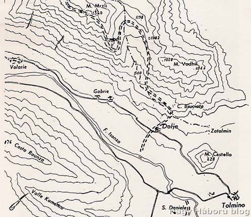 A Tolmein környéki állások 1915 őszén egy olasz vázlaton