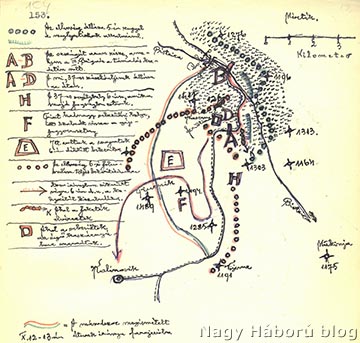 „Dr. Kemény Gyula naplójában készített térképvázlat, amelyen piros-kék kettős vonallal az 1914. október 12–13-ai utat is berajzolta”