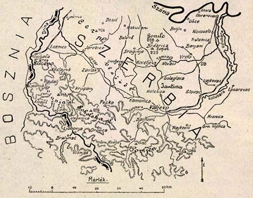Valjevo környékének térképe, amin látható a naplóíró által említett 976-os Rozanj nevű magaslat, ahol 1914. november 9-én táboroztak majd megindultak a Pecka település fölött húzódó Bejlevina magaslat ellen.
