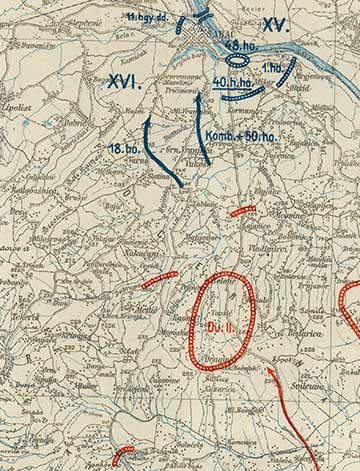 A dr. Kemény Gyula alakulatát is magába foglaló 50. hadosztály visszavonulásának az útvonala piros nyíllal jelölve Koceljevától Sabác felé. A nyíl hegyénél jobbra található Sopot, ahol 1914. december 10-én éjjeleznek