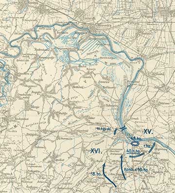 A XV. és a dr. Kemény Gyula alakulatát is magába foglaló XVI. hadtest visszavonulásának az útvonala Szabács irányába. A térképrészleten felül középen látható Mitrovica