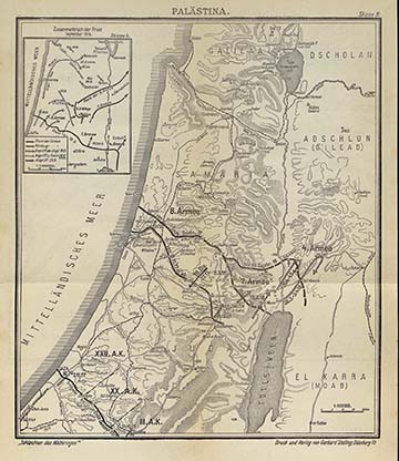 A palesztinai front eseményeinek áttekintése 1917–1918-ban, a kis térképen a front 1918 szeptemberi összeomlásának a vázlata